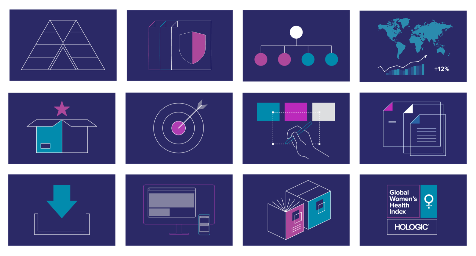 Series of brand system tiles sharing one graphic language